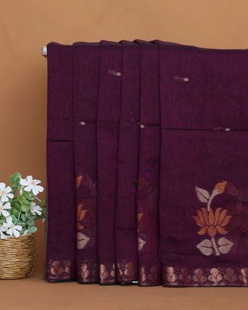 Khadi Cotton Saree for Women with Floral Border and Woven Floral Motifs - Purple