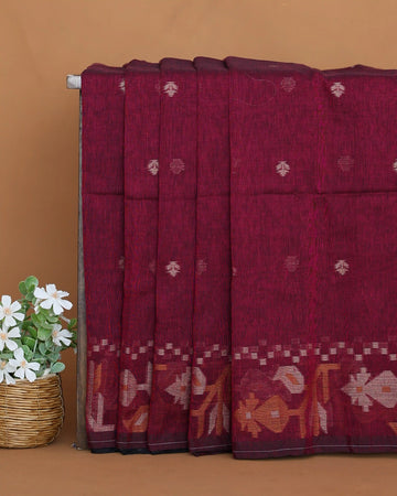 Khadi Cotton Saree for Women with Traditional Floral Motif Border and Floral Woven Butta - Maroon