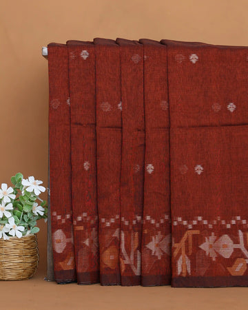 Khadi Cotton Saree for Women with Traditional Floral Motif Border and Floral Woven Butta - Rust Red