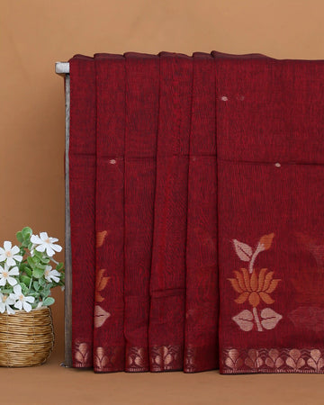 Khadi Cotton Saree for Women with Floral Border and Woven Floral Motifs - Maroon