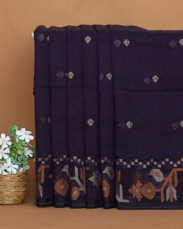 Khadi Cotton Saree for Women with Traditional Floral Motif Border and Floral Woven Butta - Dark Blue