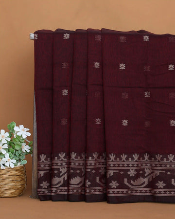 Khadi Cotton Saree for Women with Woven Floral Motifs and Intricate Traditional Patterned Border - Dark Maroon