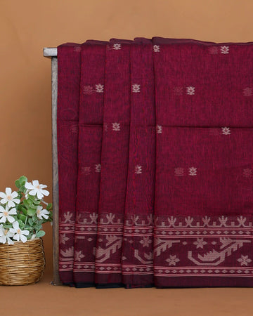 Khadi Cotton Saree for Women with Woven Floral Motifs and Intricate Traditional Patterned Border - Maroon