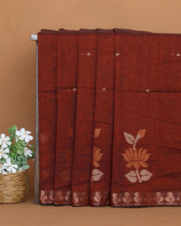 Khadi Cotton Saree for Women with Floral Border and Woven Floral Motifs - Rust Red