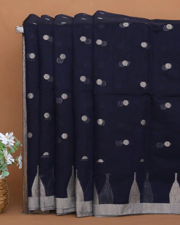 Deep Navy Blue Khadi Cotton Saree with Silver Dot Butta Motifs and Traditional Temple Border