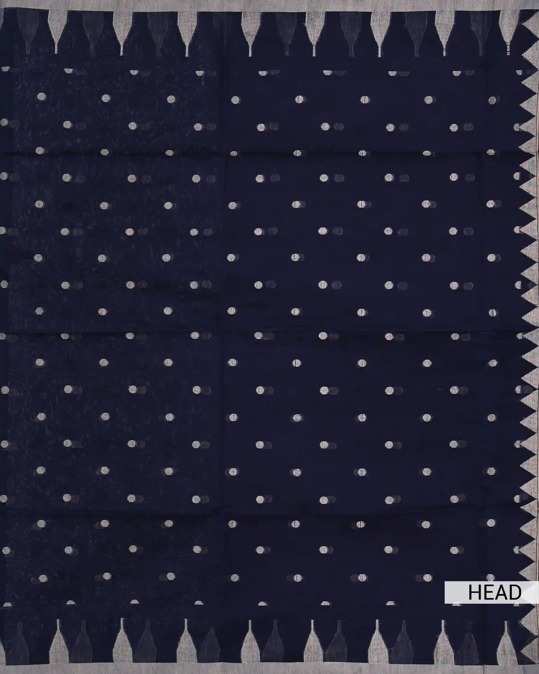 Deep Navy Blue Khadi Cotton Saree with Silver Dot Butta Motifs and Traditional Temple Border