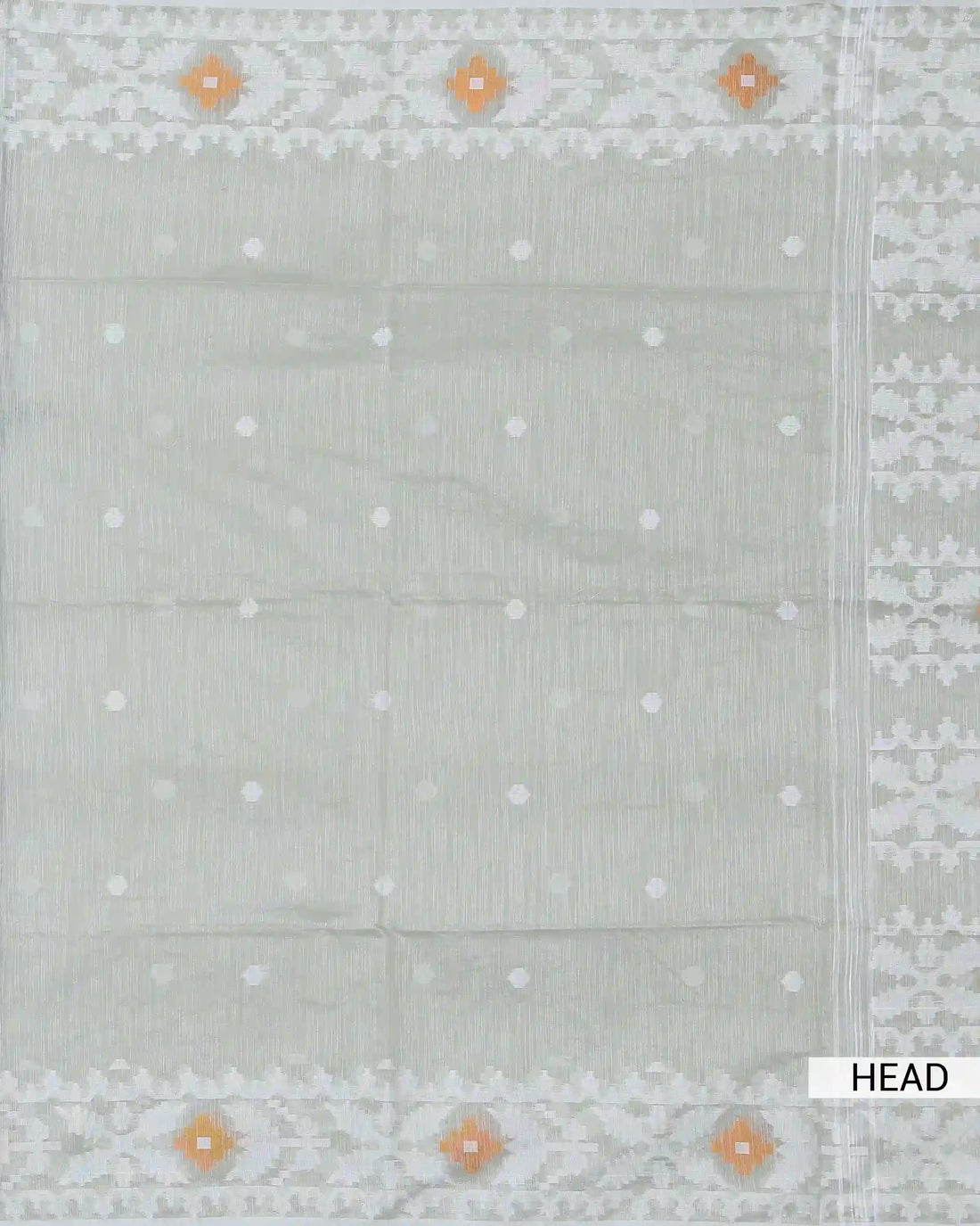Light Mint Green Khadi Cotton Jamdhani Saree with White Butta Motifs and Traditional Ivory Woven Border