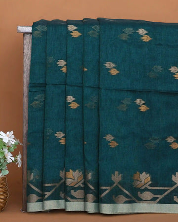 Dark Teal Green Khadi Cotton Saree with Dual Tone Floral Butta Motifs and Traditional Floral Woven Border