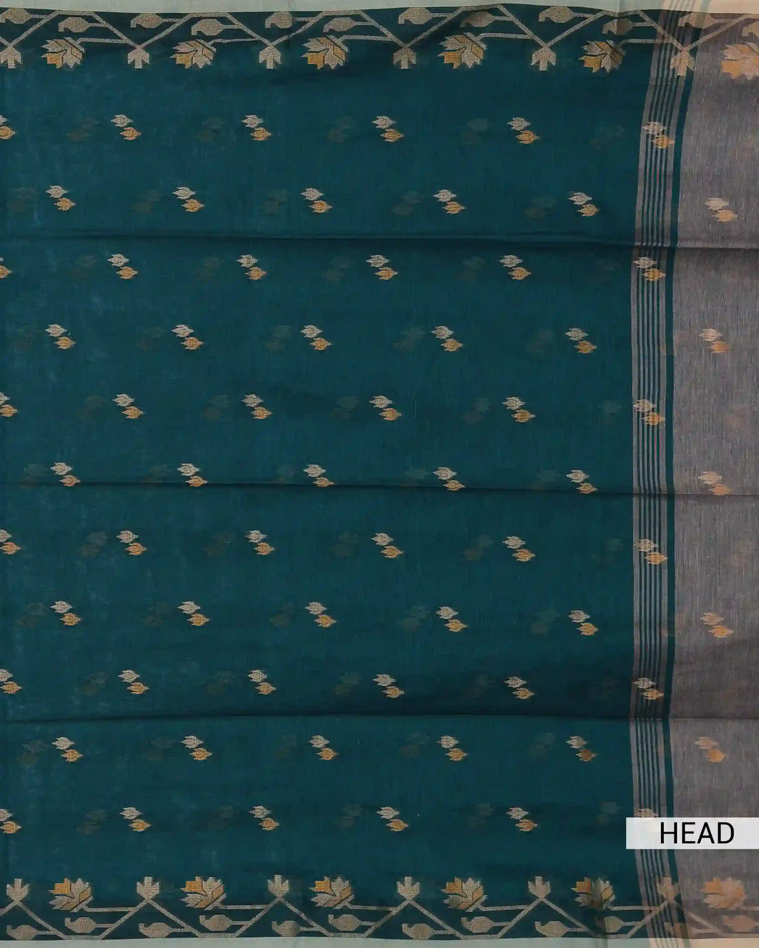Dark Teal Green Khadi Cotton Saree with Dual Tone Floral Butta Motifs and Traditional Floral Woven Border