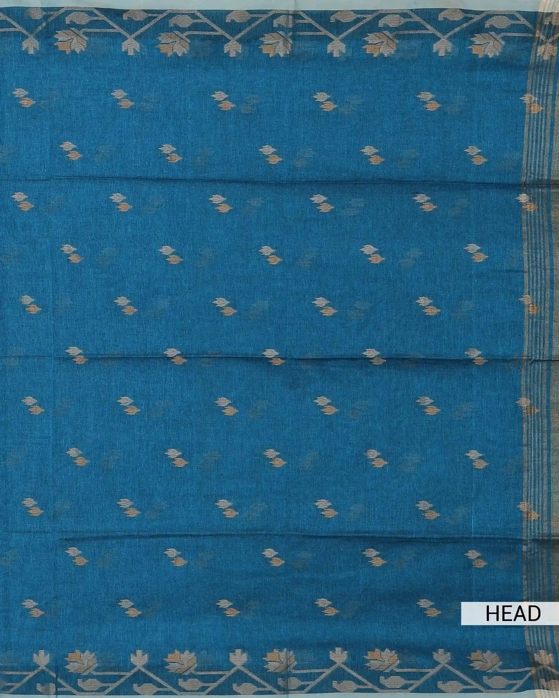 Peacock Blue Khadi Cotton Saree with Dual Tone Floral Butta Motifs and Traditional Floral Woven Border
