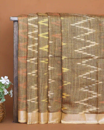 Olive Brown Khadi Cotton Saree with Cream Ikat Inspired Zigzag Pattern and Golden Woven Border