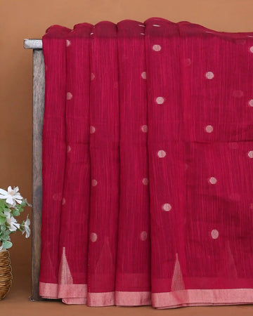 Rani Pink Khadi Cotton Saree with Silver Dotted Butta Motifs and Soft Pink Temple Woven Border
