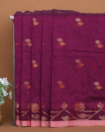 Wine Purple Khadi Cotton Saree with Dual Tone Floral Butta Motifs and Traditional Pink Floral Woven Border