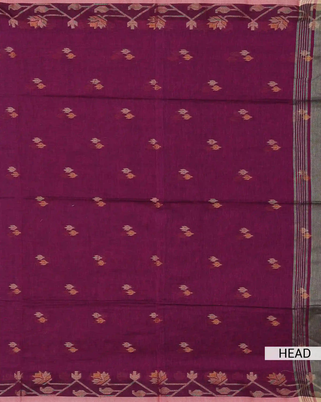 Wine Purple Khadi Cotton Saree with Dual Tone Floral Butta Motifs and Traditional Pink Floral Woven Border