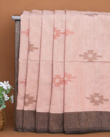 Peach Pink Khadi Cotton Saree with Traditional Woven Butta Motifs and Dark Brown Contrast Border