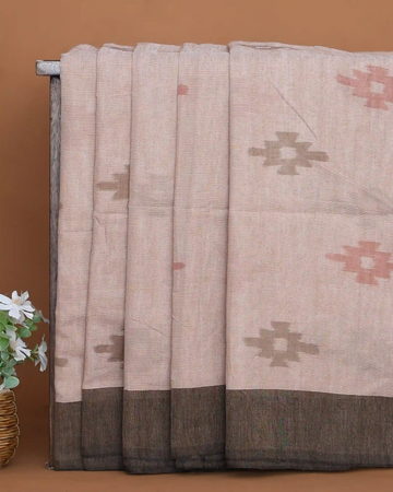 Light Beige Khadi Cotton Saree with Traditional Geometric Butta Motifs and Dark Brown Woven Border