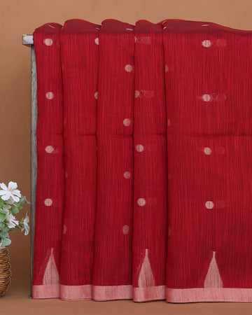 Red Khadi Cotton Saree with Silver Dotted Butta Motifs and Traditional Pink Temple Woven Border