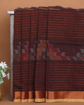 Rust Red Khadi Cotton Saree with Fine Woven Stripes Ikat Inspired Motifs and Copper Gold Zari Border