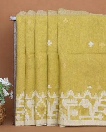 Mustard Yellow Khadi Cotton Jamdhani Saree with White Geometric Butta Motifs and Traditional Woven Border