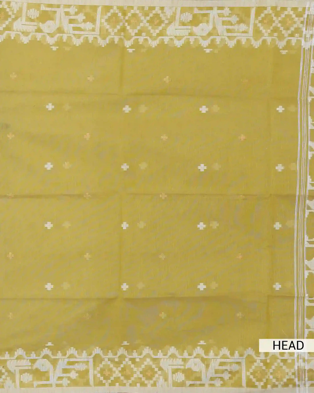 Mustard Yellow Khadi Cotton Jamdhani Saree with White Geometric Butta Motifs and Traditional Woven Border
