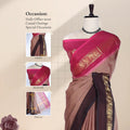 Chettinad cotton saree with plain body broad peacock zari border and temple edge front draped view on mannequin.