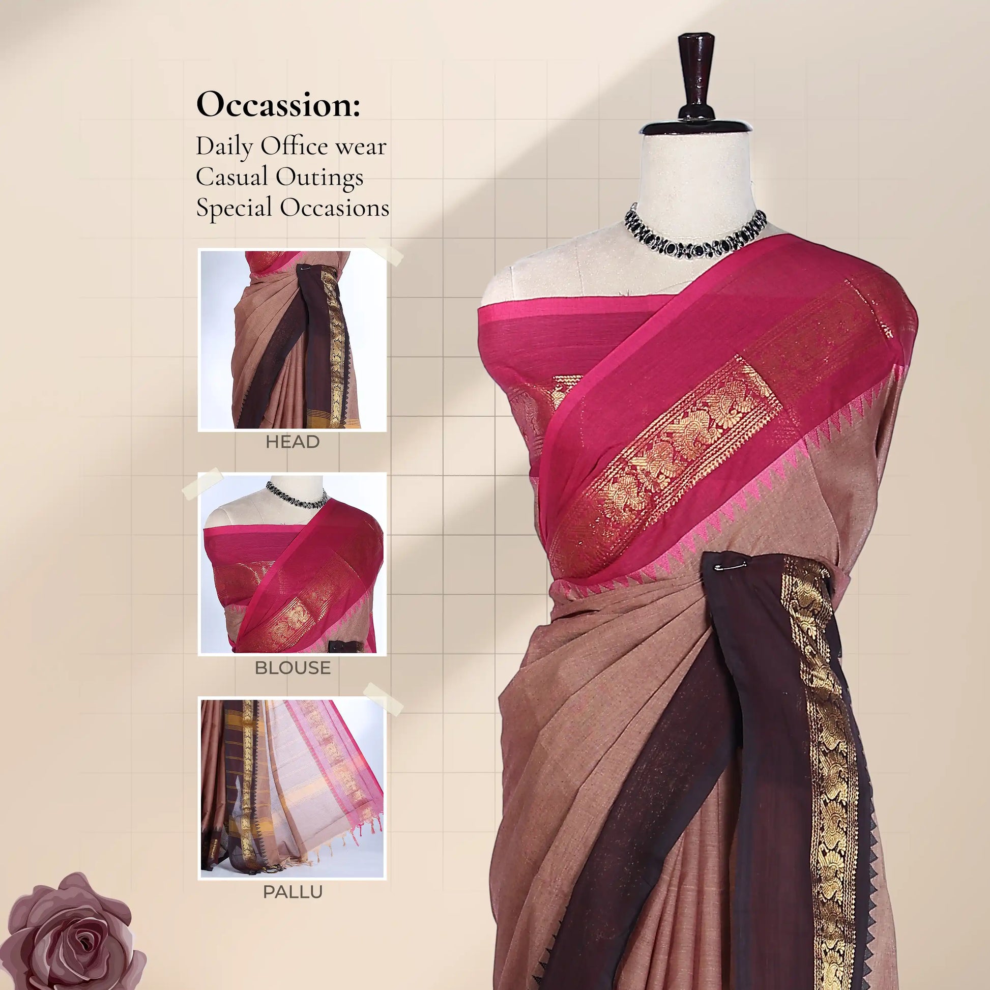 Chettinad cotton saree with plain body broad peacock zari border and temple edge front draped view on mannequin.