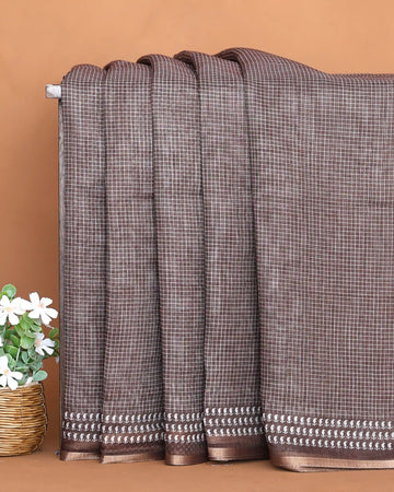 Linen Cotton Saree for Women with Checked Pattern and Contrasting Leaf Motif Border - Dark Brown