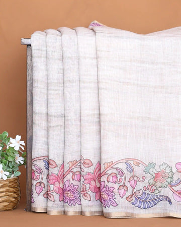 Linen Cotton Saree for Women with Intricate Floral Motifs and Contrast Border -  Light Beige