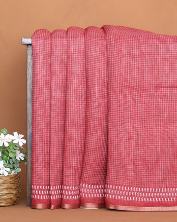 Linen Cotton Saree for Women with Checked Pattern and Contrasting Leaf Motif Border - Light Red