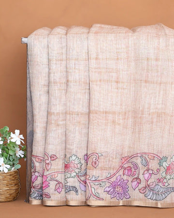 Linen Cotton Saree for Women with Intricate Floral Motifs and Contrast Border -  Light Peach