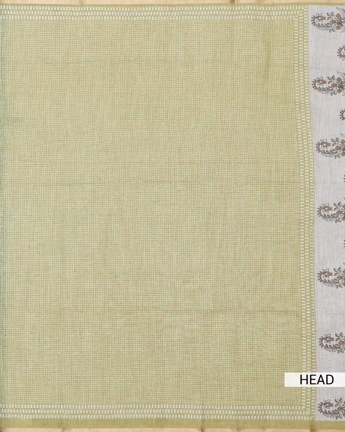 Linen Cotton Saree for Women with Checked Pattern and Contrasting Leaf Motif Border - Green