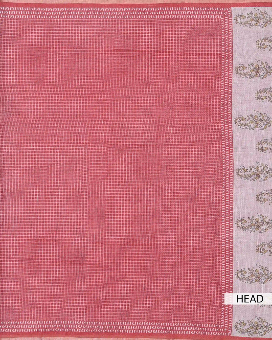 Linen Cotton Saree for Women with Checked Pattern and Contrasting Leaf Motif Border - Light Red