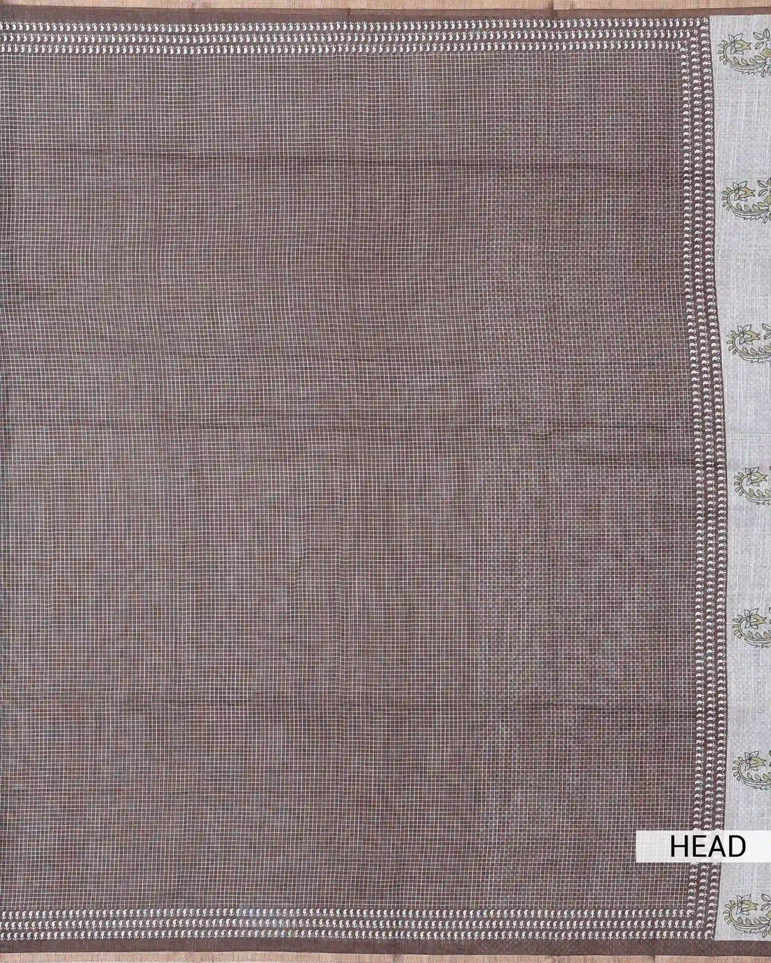 Linen Cotton Saree for Women with Checked Pattern and Contrasting Leaf Motif Border - Dark Brown
