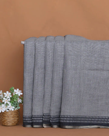 Linen Cotton Saree for Women with Checked Pattern and Contrasting Leaf Motif Border - Grey
