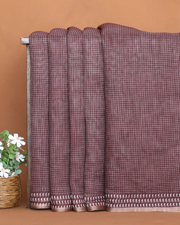 Linen Cotton Saree for Women with Checked Pattern and Contrasting Leaf Motif Border - Maroon