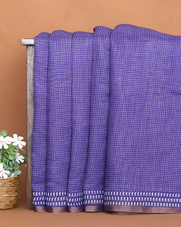 Linen Cotton Saree for Women with Checked Pattern and Contrasting Leaf Motif Border - Violet