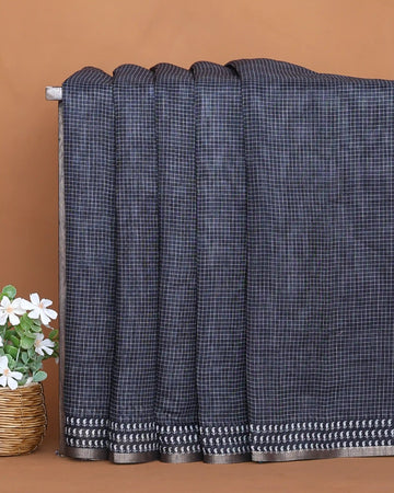 Linen Cotton Saree for Women with Checked Pattern and Contrasting Leaf Motif Border - Black