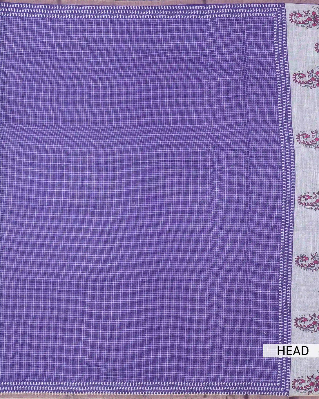 Linen Cotton Saree for Women with Checked Pattern and Contrasting Leaf Motif Border - Violet