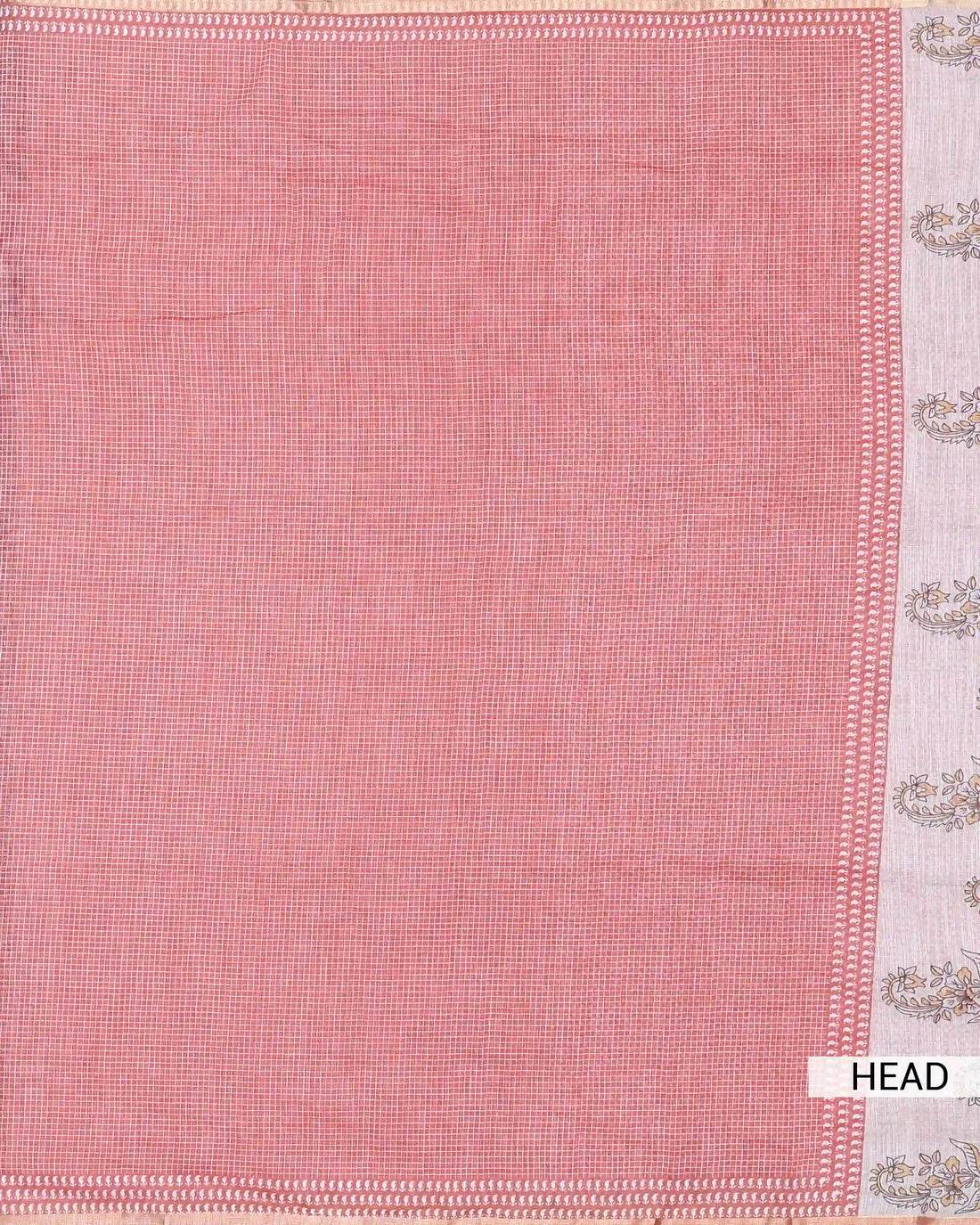 Linen Cotton Saree for Women with Checked Pattern and Contrasting Leaf Motif Border - Pink