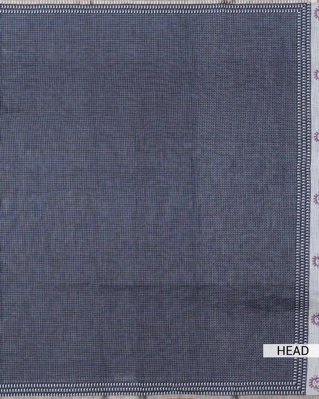 Linen Cotton Saree for Women with Checked Pattern and Contrasting Leaf Motif Border - Black