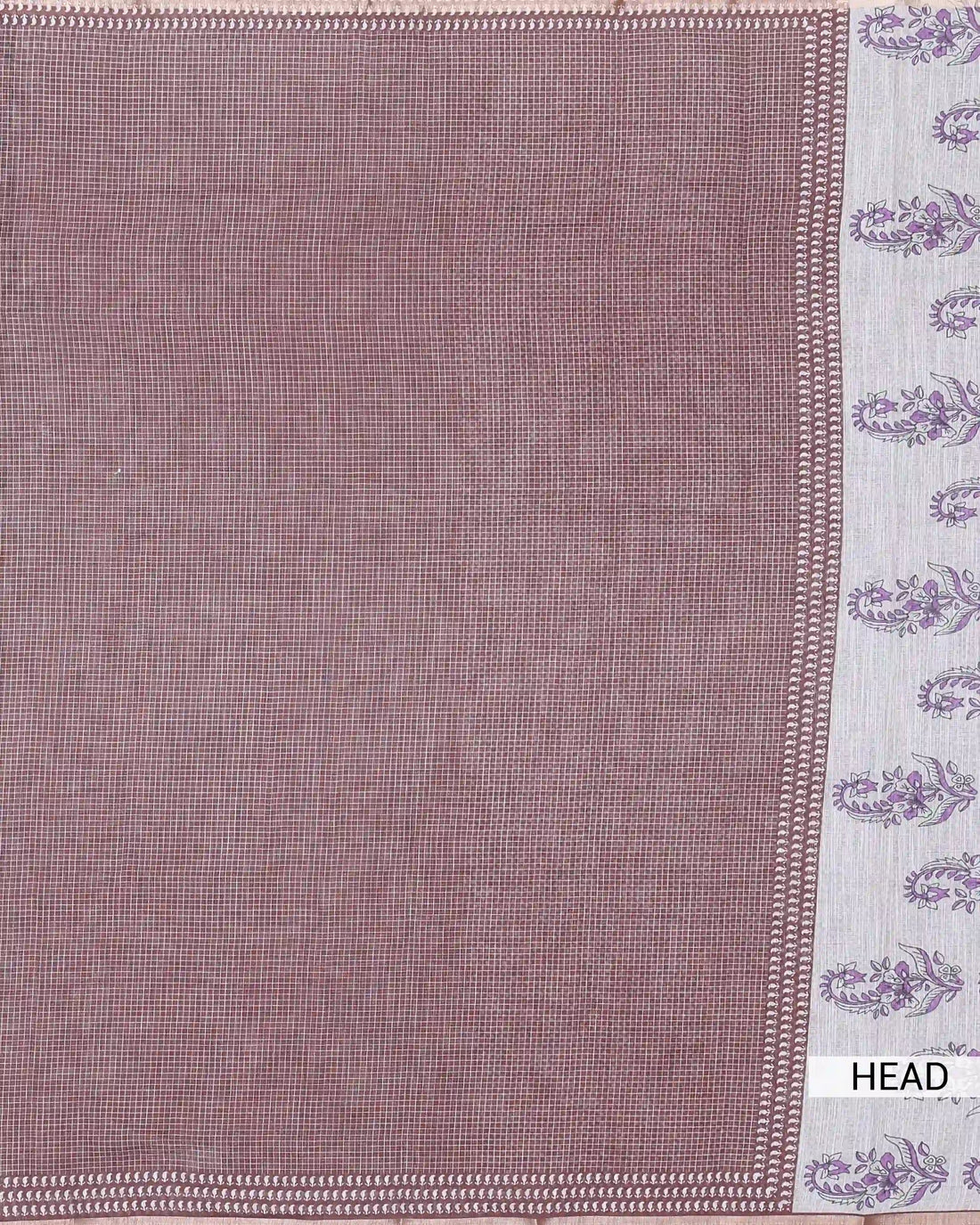 Linen Cotton Saree for Women with Checked Pattern and Contrasting Leaf Motif Border - Maroon