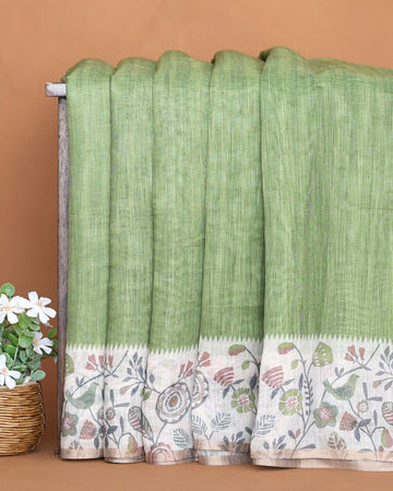 Linen Cotton Saree For Women with Floral Printed Border and Solid Body Design - Green
