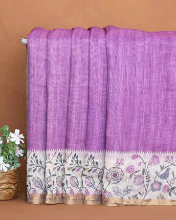 Linen Cotton Saree For Women with Floral Printed Border and Solid Body Design - Purple