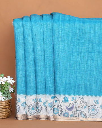 Linen Cotton Saree For Women with Floral Printed Border and Solid Body Design - Blue
