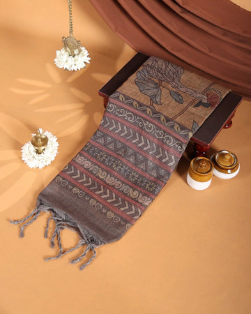 Linen Cotton Saree with Tribal Geometric & Floral Motifs with Contrast Border - Beige