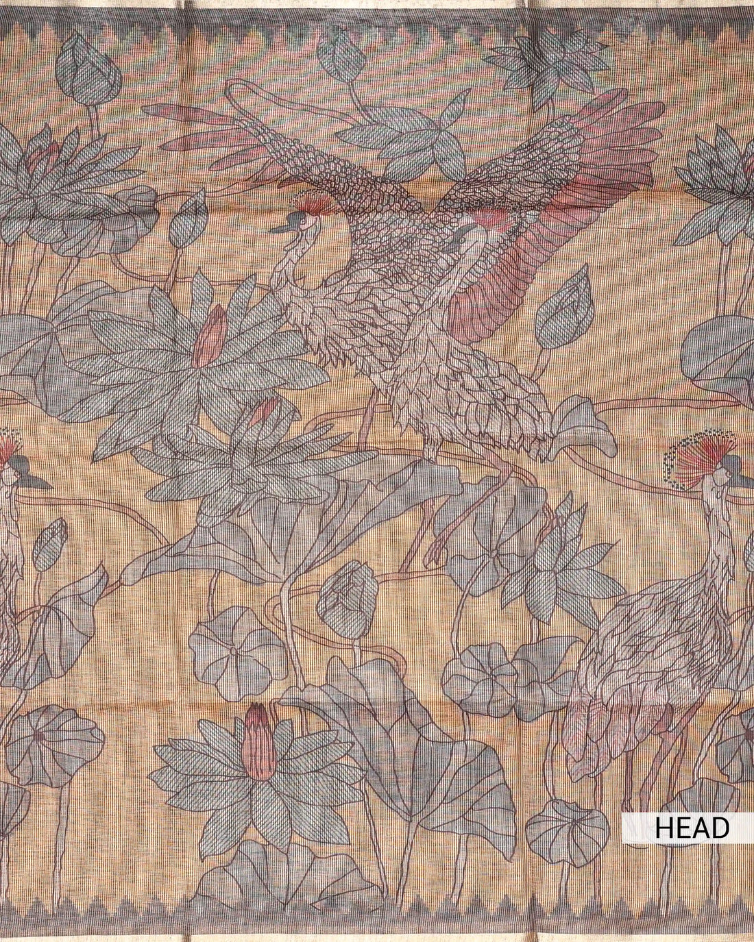 Linen Cotton Saree with Tribal Geometric & Floral Motifs with Contrast Border - Beige