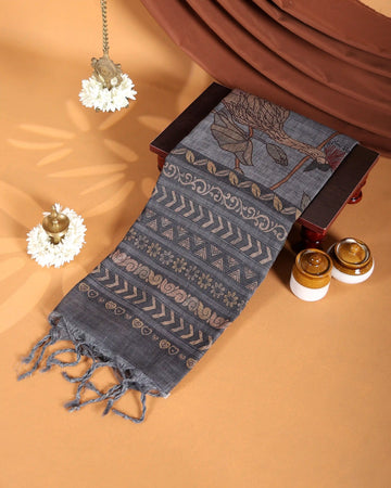 Linen Cotton Saree with Tribal Geometric & Floral Motifs with Contrast Border - Grey