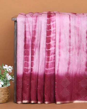 Semi Silk Saree for Women with Striped Sequin Pattern Woven Texture and Contrast Zari Border – Pink & Maroon
