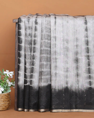 Semi Silk Saree for Women with Striped Sequin Pattern Woven Texture and Contrast Zari Border – Black & Grey