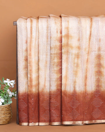 Semi Silk Saree for Women with Striped Sequin Pattern Woven Texture and Contrast Zari Border – Rust Brown & Beige